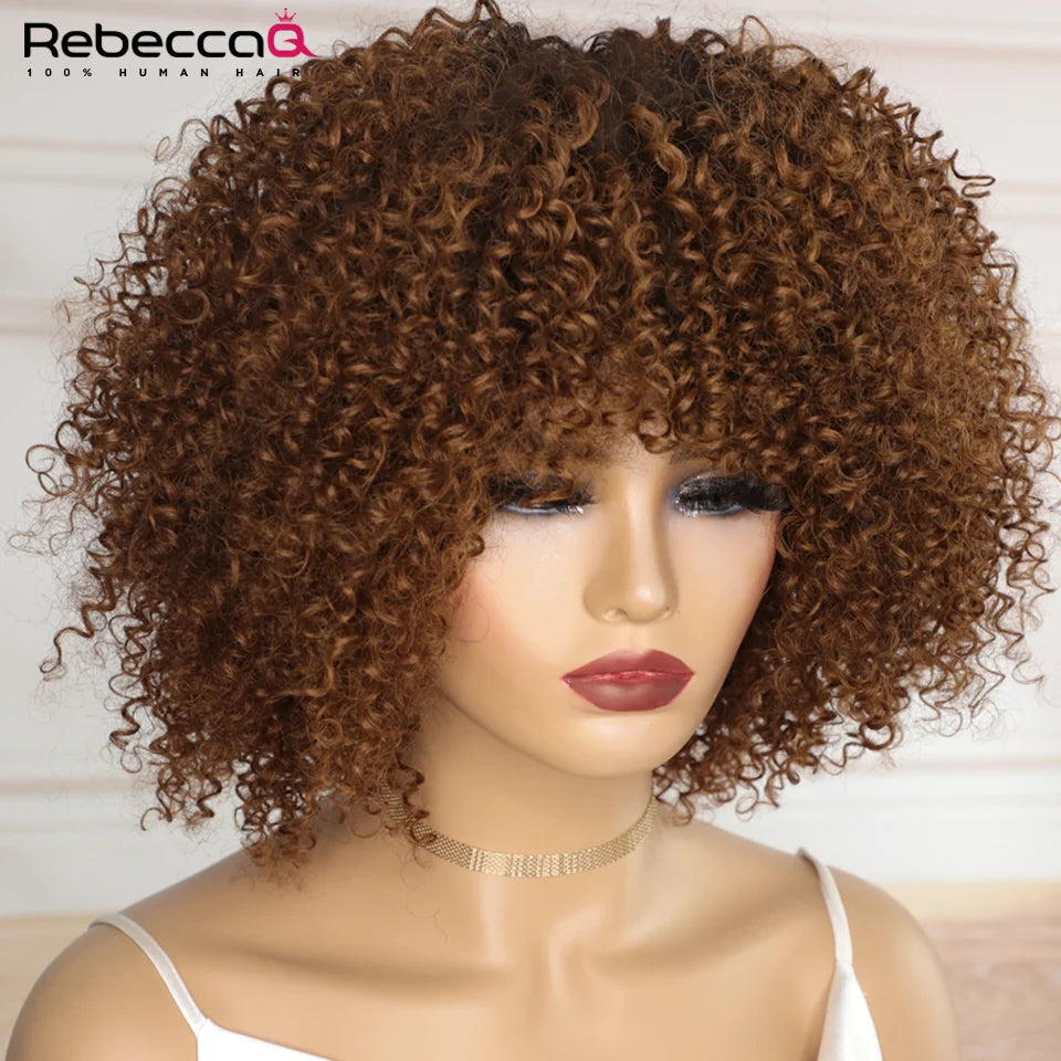 250D Braun Afro Kinky Curly Echthaarperücken mit Pony Zum Tragen Glueless Perücke Remy Brasilianische Kurze Lockige Echthaarperücke