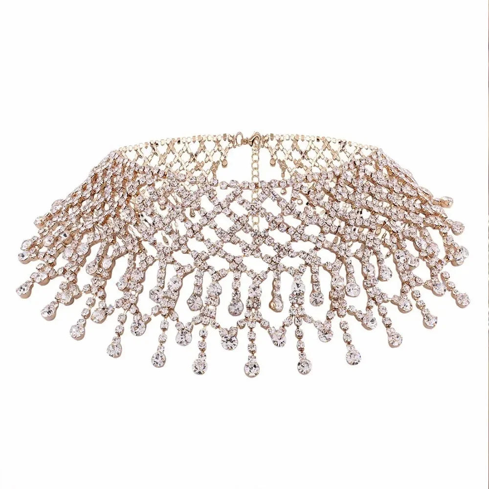 Funkelnde Quaste Halskette Luxus Kette Strass Mesh Weibliche Boho Kurze Kristall Choker Halsband Statement-Kette Hochzeit Schmuck
