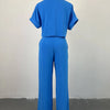 Women's Two Piece Sets Spring Summer Casual Solid Turn-down Neck Short Sleeve Loose Top & Wide Leg Pants Set  Streetwear Outfits