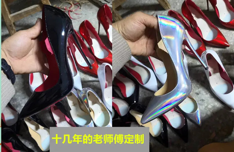 Pink studded high heels, fashionable, ultra shallow mouth, pointed toe, thin heel, hate sky, high punk style, 12CM