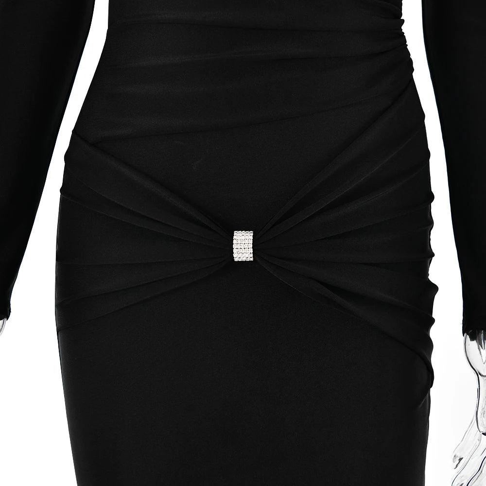 Articat Sexy Hohl Saum Langarm Elastisches Enges Kleid Damen Falten Doppellagig Weibliche Vestidos Elegantes Party Abendkleid