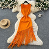 Sexy Backless Knit tassel High Waist Pleated Dress Casual A-line Dress Beach Vestidos Women Evening Party