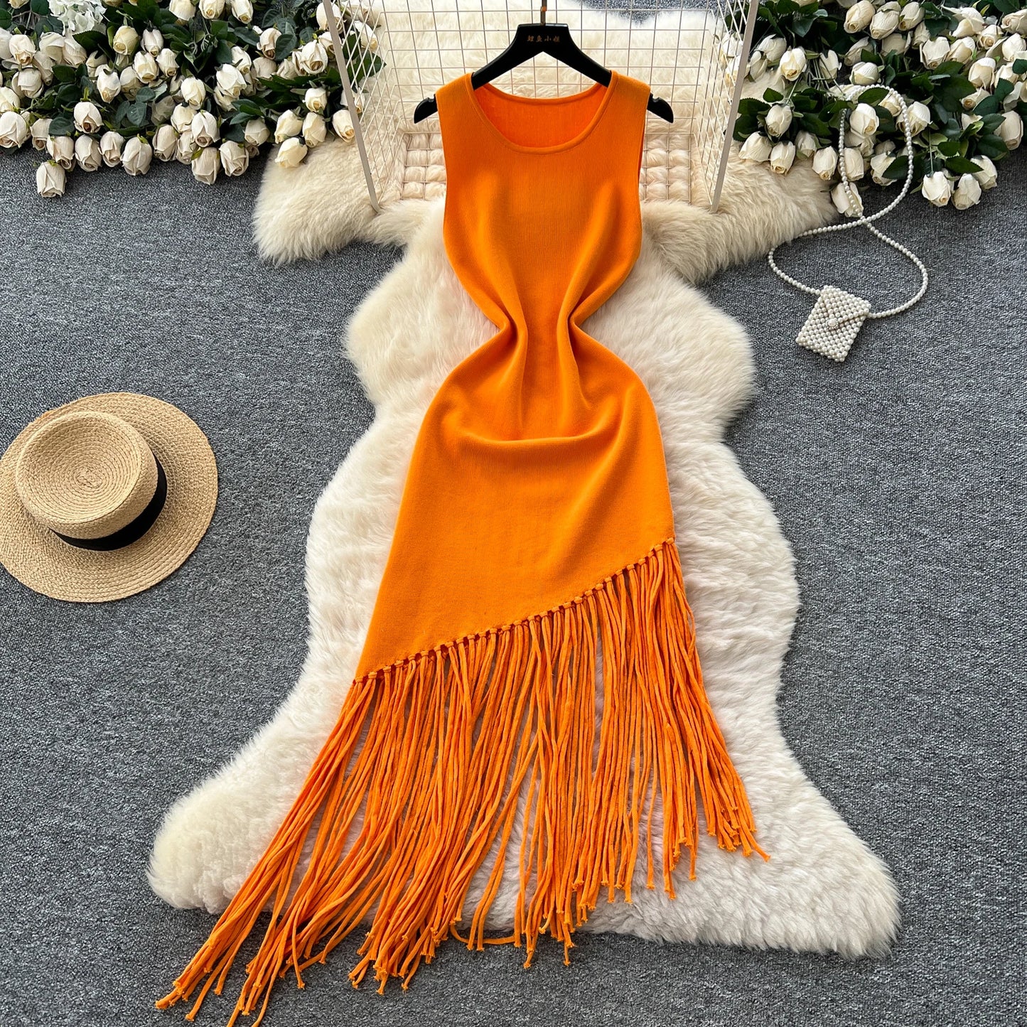 Sexy Backless Knit tassel High Waist Pleated Dress Casual A-line Dress Beach Vestidos Women Evening Party