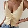 New Summer Women Drawstring Front Ribbed Knit Tops Femme Sexy V Neck Sleeveless Crop Top Clothes High Stretch Split Cropped Tank