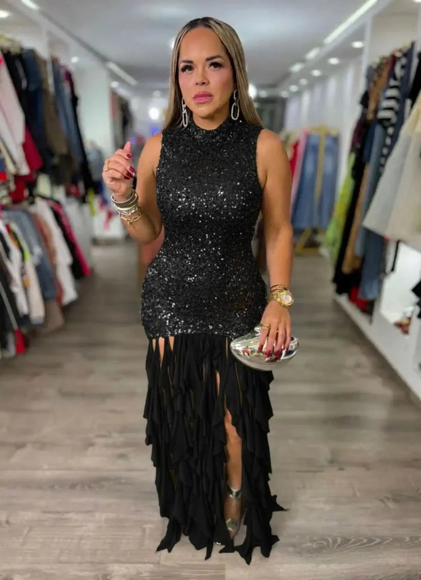 HLJ Sexy Sequin Patchwork Bodycon Dresses for Woman Mesh Shining Sleeveless Ruffle Dress Female Party Clubwear Vestidos 2025 New