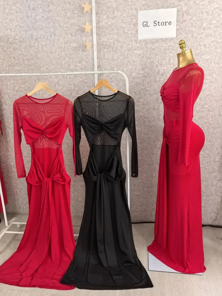 CM.YAYA Women Mesh See Though Long Sleeve Maxi Bowknot Long Dress 2025 Evening Sexy Club Party Evening High Street Dresses