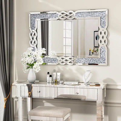 90/100/120CM Großer Kristall-Crush-Diamant-Spiegel Eitelkeit Silber Dekorative Wandspiegel für Schlafzimmer Flur Wohnzimmer