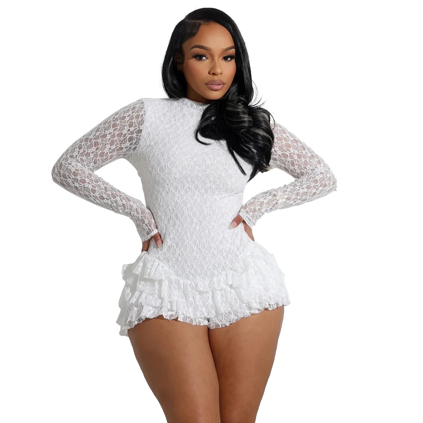 BWQ Women Long Sleeve Lace Ruffles Ruched High Waist Short Jumpsuit Streetwear Backless Street One Piece Romper Playsuit