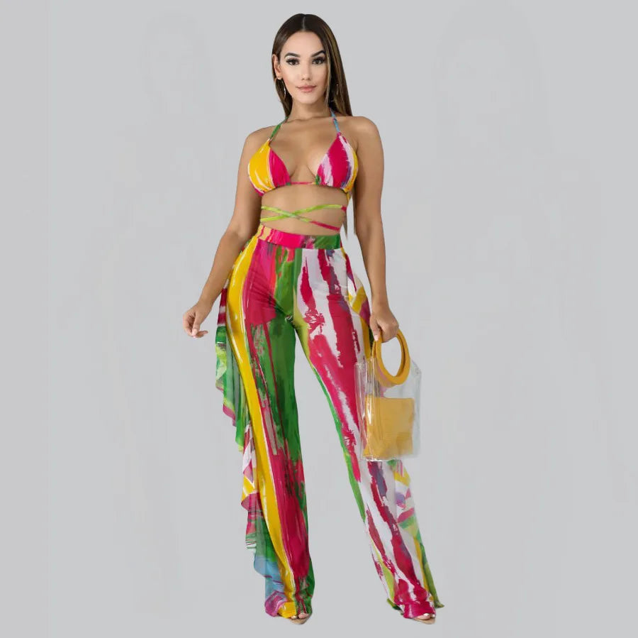 Bra+tassel Pants Suit  2 Piece Set Women Hot Pink Swimsuit Mesh Bathing Suit Sexy Matching Swimwear Viquinis Mujer 2022