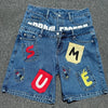 Y2K Hip Hop Denim Shorts Loose Fit Cotton Five-Quarter Length Printed Embroidered Low-Mid Waist Jeans Shorts for Men
