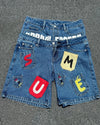 Y2K Hip Hop Denim Shorts Loose Fit Cotton Five-Quarter Length Printed Embroidered Low-Mid Waist Jeans Shorts for Men