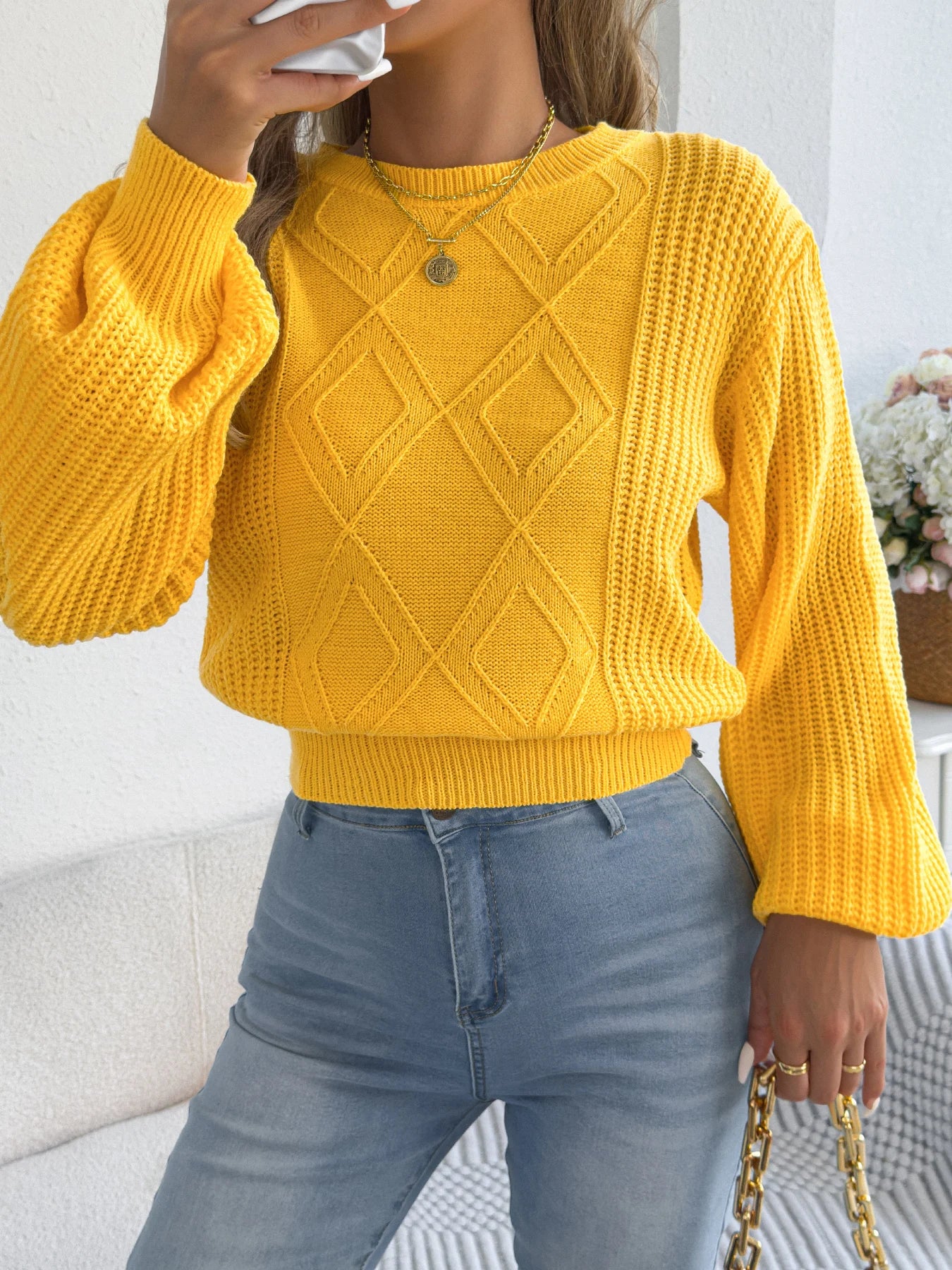 Women's Solid Color Round Neck Lantern Long Sleeve Knitted Sweaters for 2026 Autumn Winter Woman Clothes Yellow Red Khaki Tops