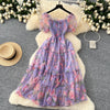 Elegant Slash Neck Vintage Short Puff Sleeve Chic Print Slim Chiffon Dresses French High Street Evening Autumn Mesh Clothing