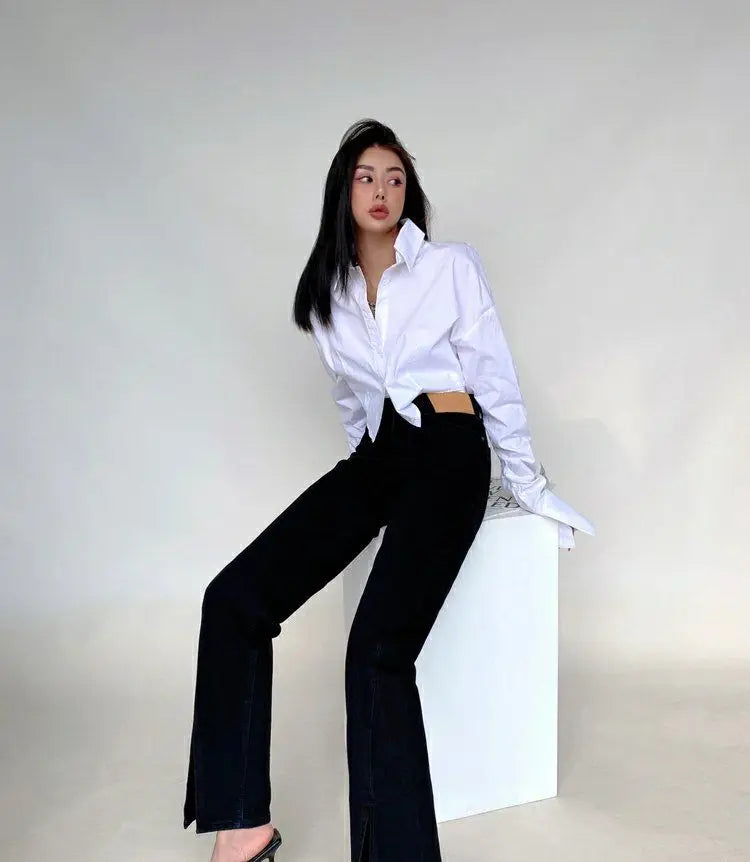 Zadily 2025 Summer Korean Style Long Sleeve White Shirt Women Sexy Button Ladies Crop Tops Blouse Street New In Female Clothing