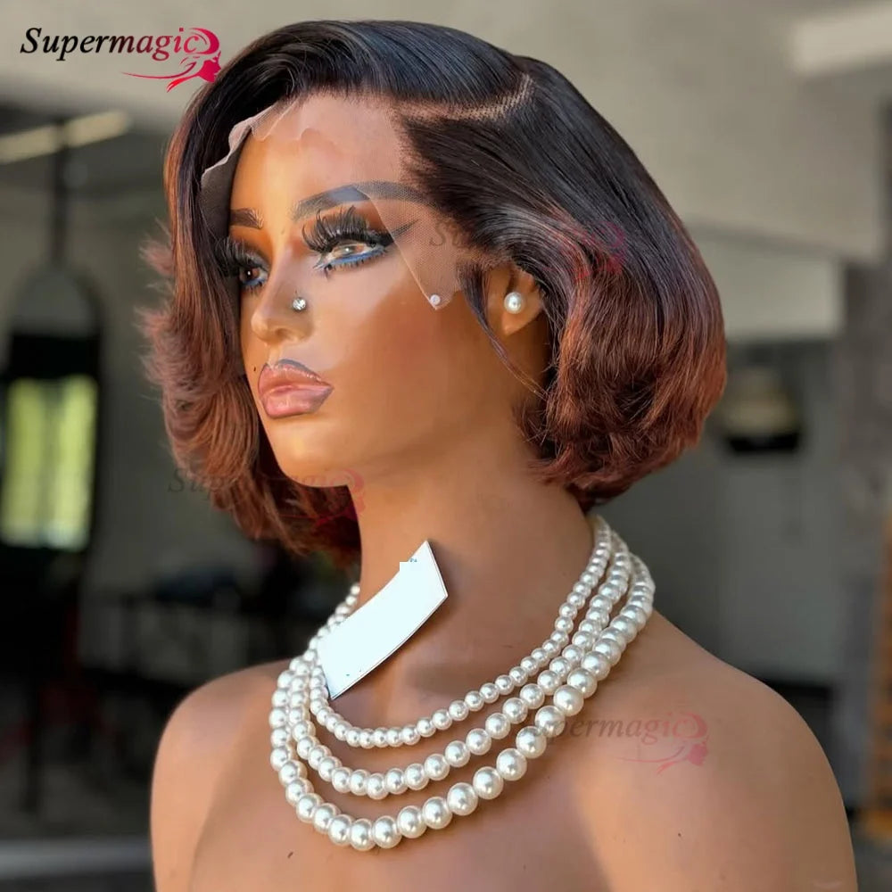 Ombre Chotolate brown Straight Bob 13x4 Lace Closure Human hair Wigs 100% Vietnamese Hair Wear and Go Glueless Layered Cut Wig