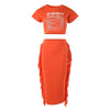 Women's Letter Print Crop Top and High Waist Long Skirt Set, Summer Workwear, Casual Tassel, Female Party Dress Sets, New, 2Pcs
