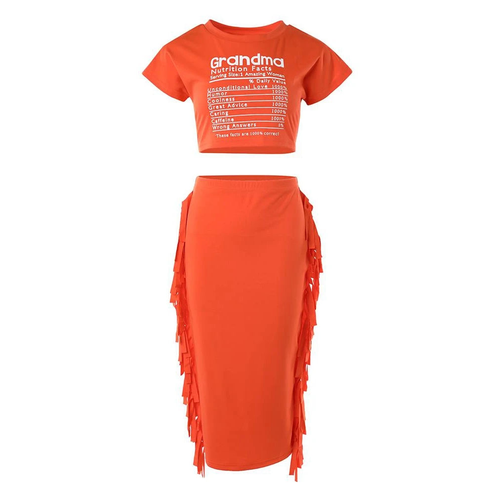 Women's Letter Print Crop Top and High Waist Long Skirt Set, Summer Workwear, Casual Tassel, Female Party Dress Sets, New, 2Pcs