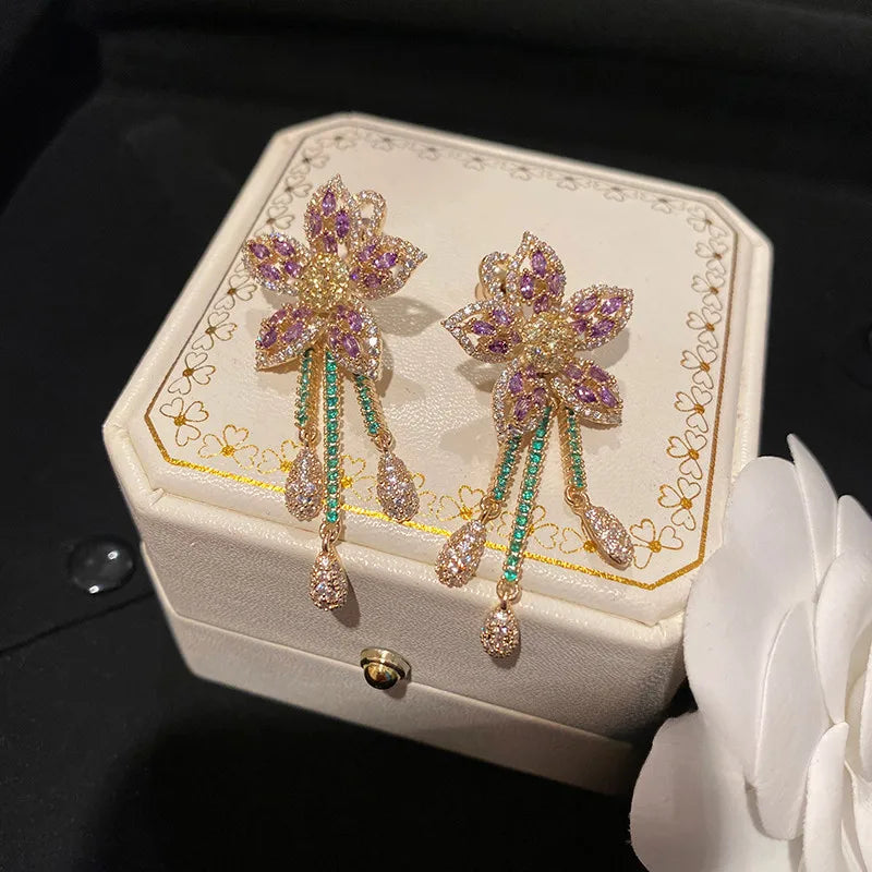Zircon Purple Delicate Flower Water Drop Fringed Earrings