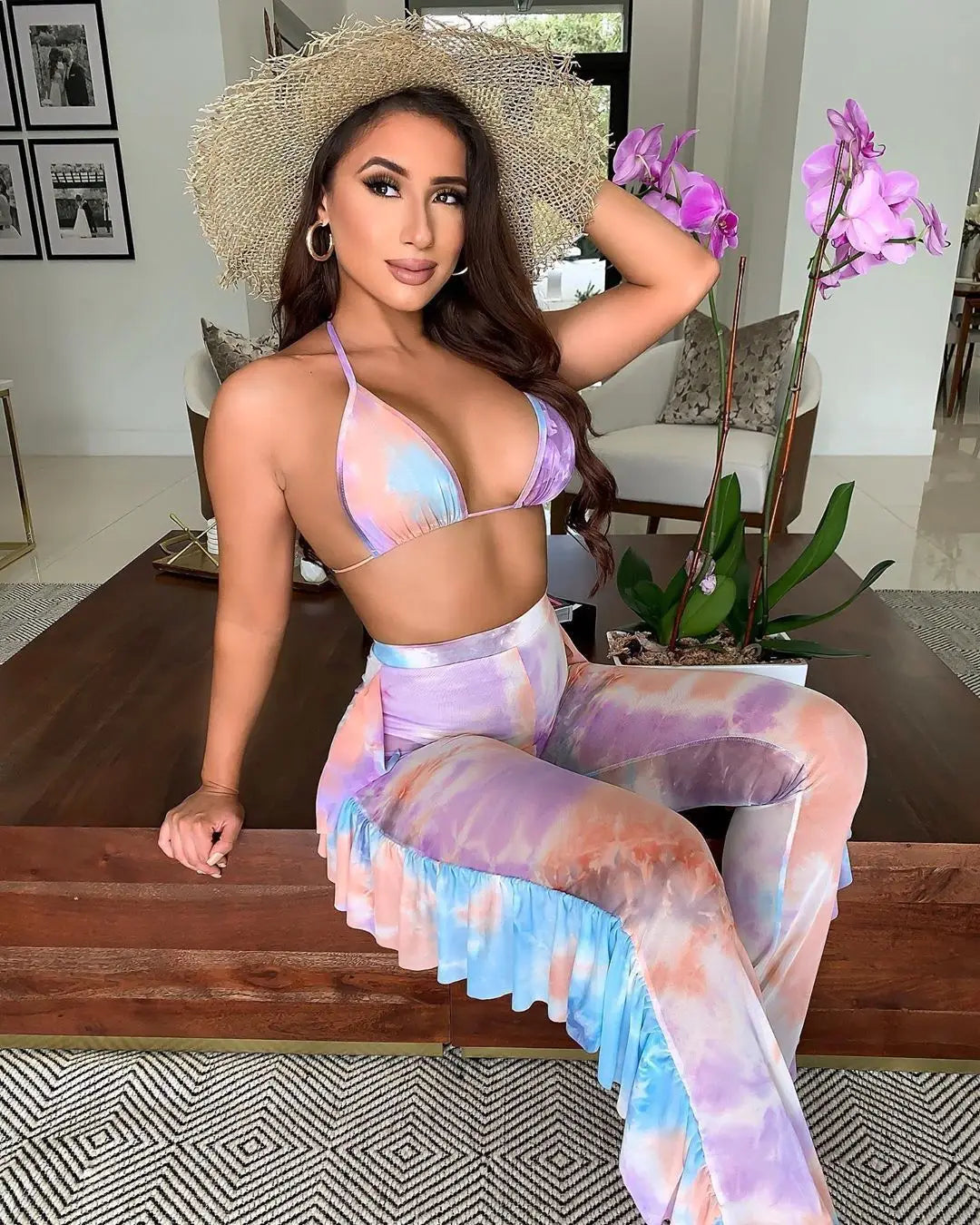 Bra+tassel Pants Suit  2 Piece Set Women Hot Pink Swimsuit Mesh Bathing Suit Sexy Matching Swimwear Viquinis Mujer 2022