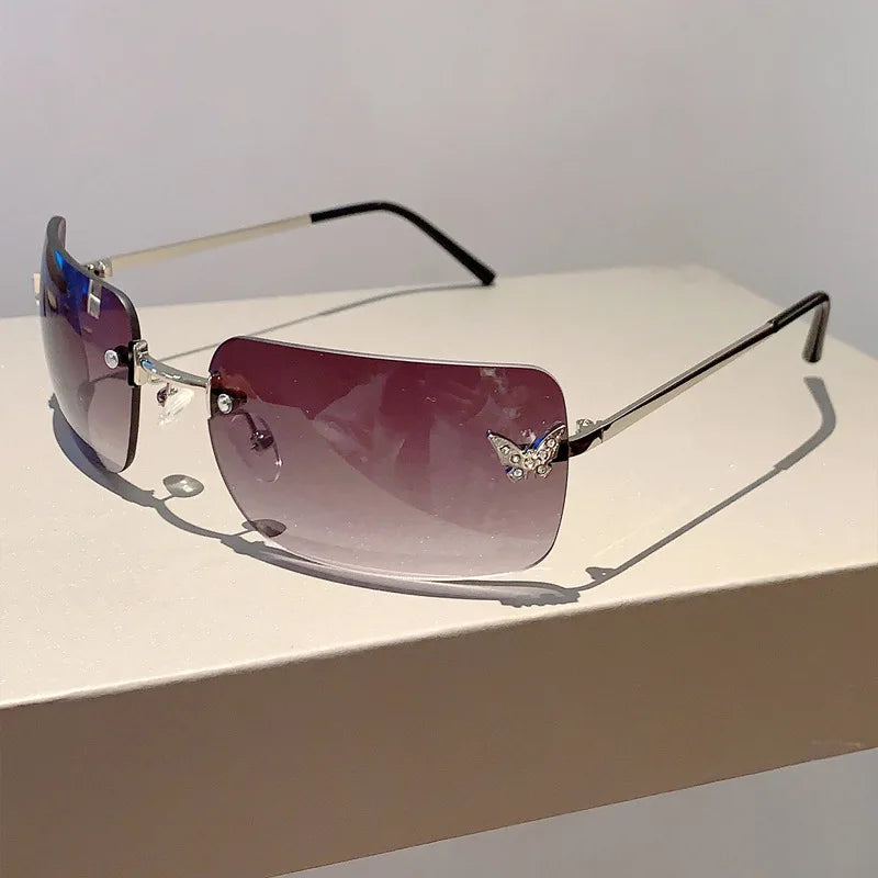 Y2K Luxusmarken Designer Randlose Quadratische Sonnenbrille Damen Für Weibliche Trendige Sonnenbrille Diamant Schmetterling Rosa Punk Shades UV400
