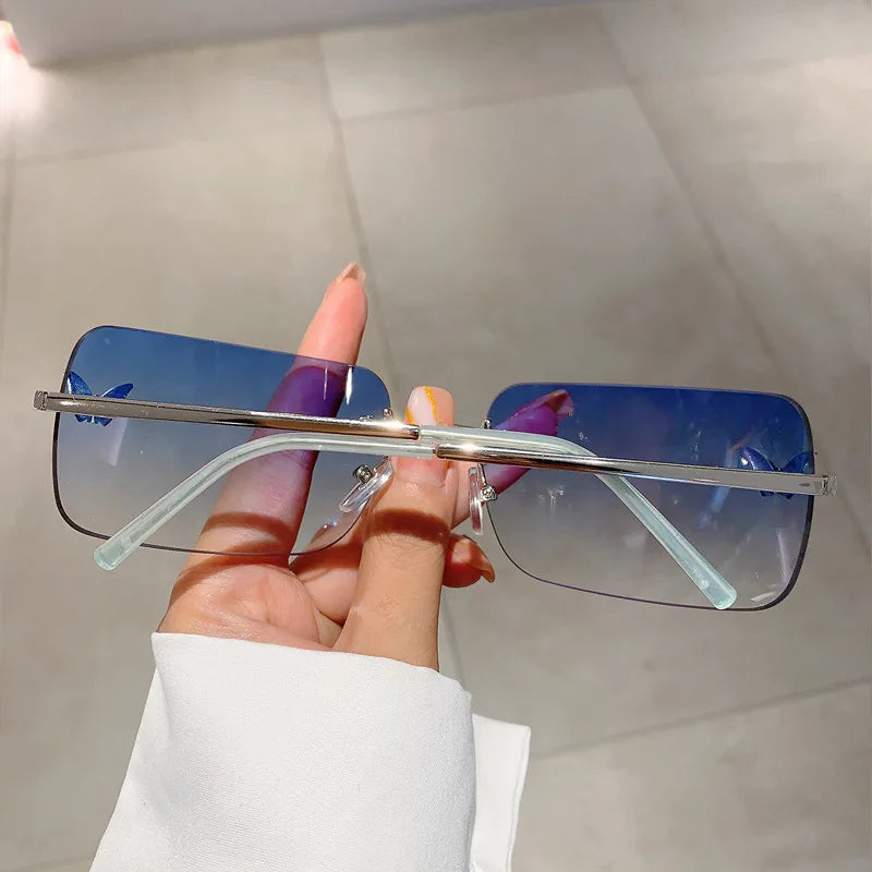 Y2K Luxusmarken Designer Randlose Quadratische Sonnenbrille Damen Für Weibliche Trendige Sonnenbrille Diamant Schmetterling Rosa Punk Shades UV400