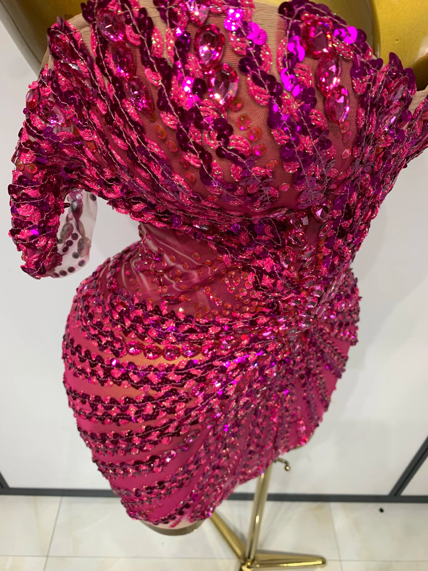 Women Sexy Sparkly Rhinestones Sequins Off The Shoulder Mesh Mini Dress Birthday Party Nightclub Dancer Stage PhotoShoot Costume