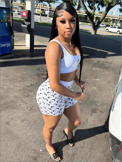 Summer Women Crop Top Shorts Set 2 Piece Sleeveless Moon Printed Sports Club Party Cexy Street Outfit