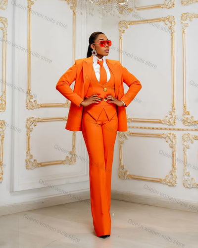 Office Orange Women Suit Set for Wedding 3 Piece Blazer+Pants+Vest Jacket Business Lady Cotton Coat Trousers Custom Made