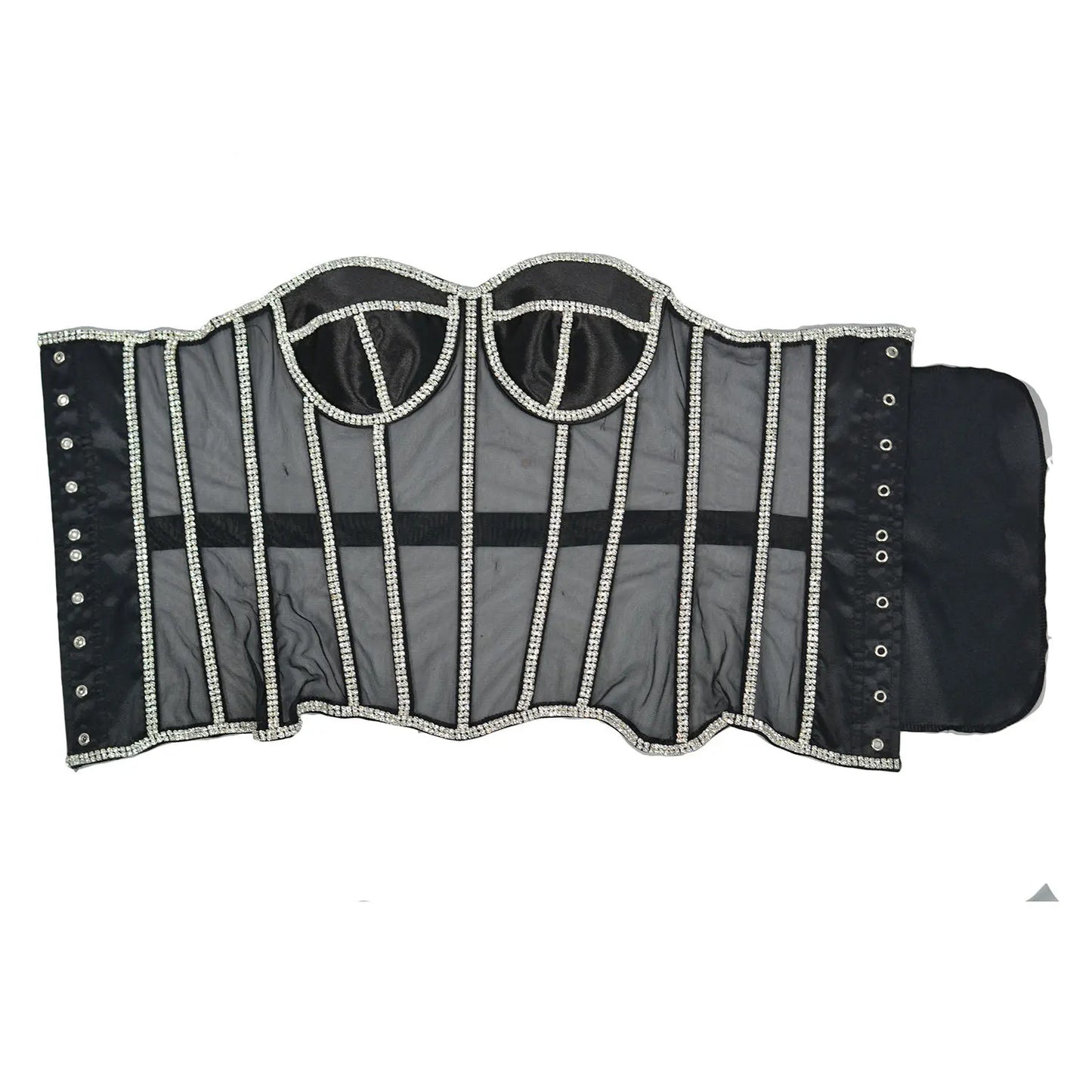 Women Abdomen Corset Crops with Bra Shiny Rhinestone Transparent Breathable Mesh Hand Made Bodices Push Up Bustiers Custom Made
