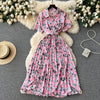 2024 Summer Women Floral Pleated Dress Vintage Turn-Down Collar Short Sleeve Single Breasted Printed Draped Midi Vestidos New