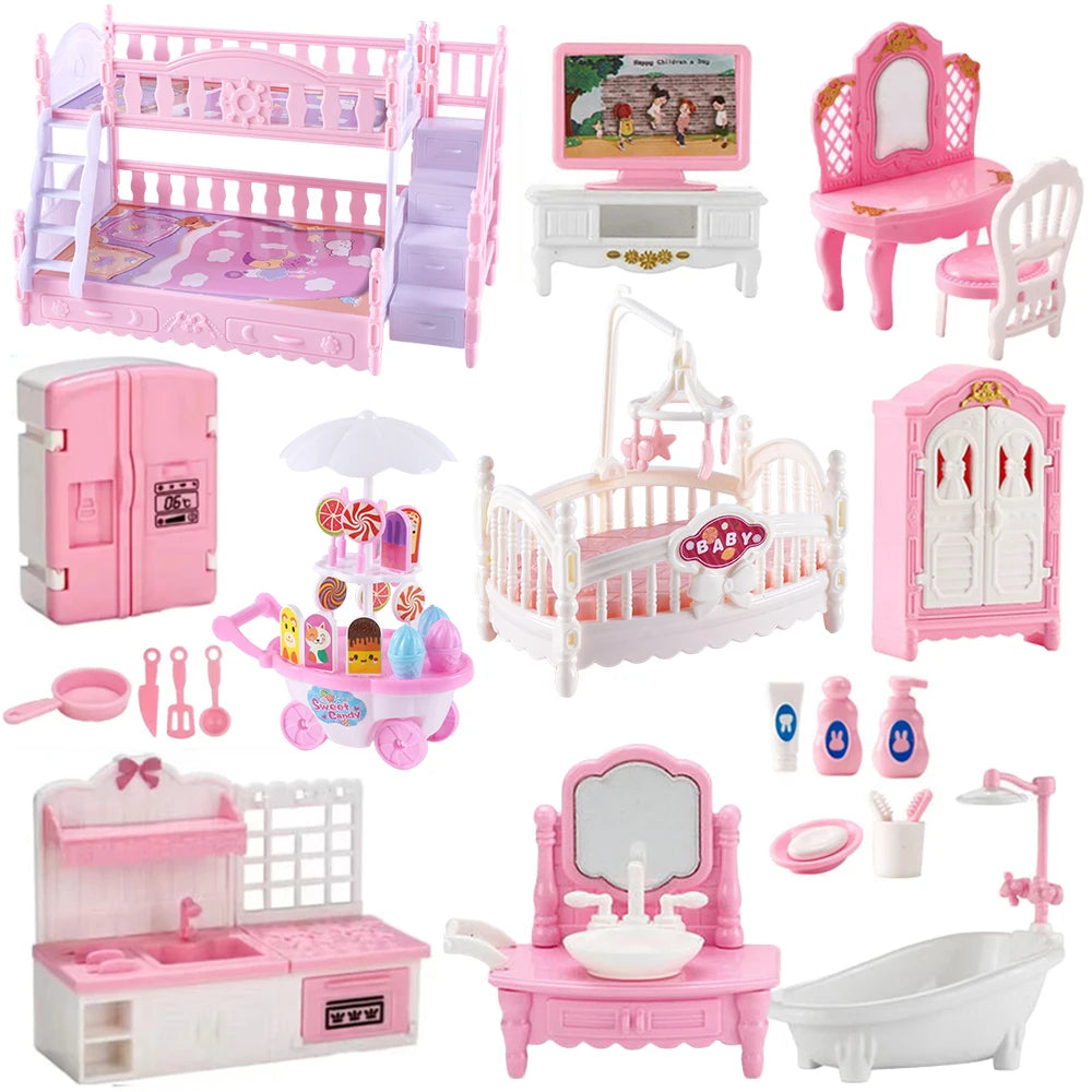 1:12 Puppenhaus Eiswagen Babybett Simulation Miniatur Szene Display Dessertauto Etagenbett Badezimmer Küche Spielzeug für Mädchen