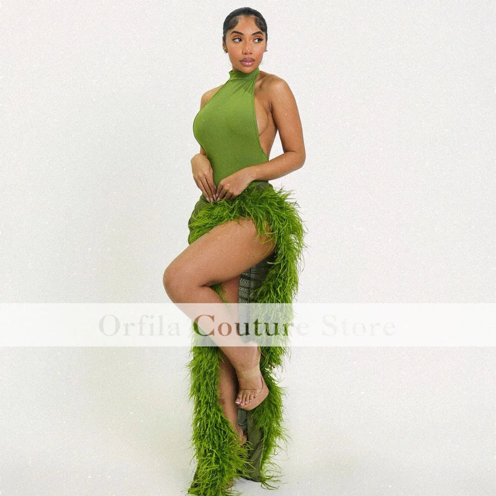 Sexy Slit African Evening Party Birthday Gowns Halter Neck Prom Dresses With Feathers Vestido De Festa Customized