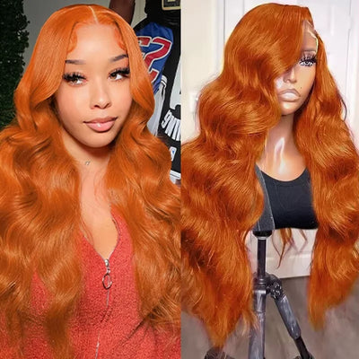 250% Density  Ginger Orange Body Wave 13x6 HD Lace Front Wig Human Hair For Women #350 Colored Pre Plucked Natural Hairline