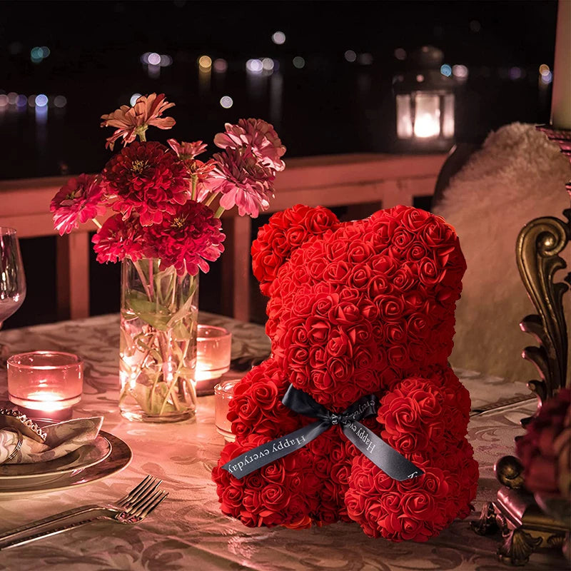 Valentinstagsgeschenke Dekoration Rosenbär Künstliche Blume mit Box Lichter Teddybär für Frauen Freundin Geburtstagsgeschenk Liebesblume
