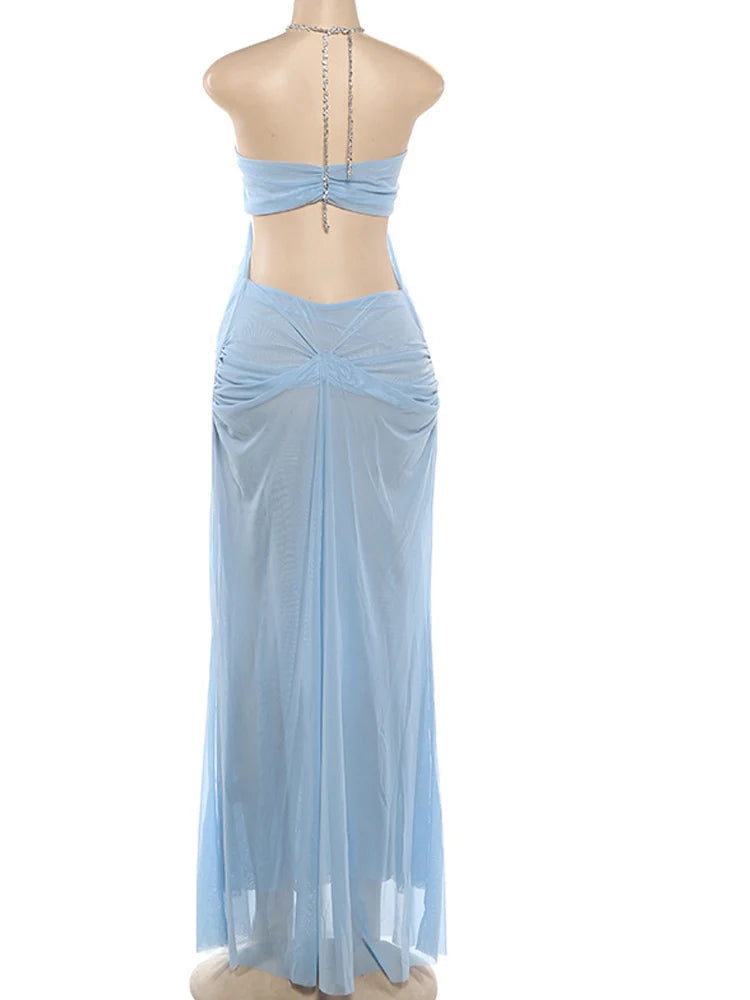 Beyprern Sexy Rhinestone Chain Halter Backless Maxi Dress Women 2026 Summer Cut Out Ruched Club Vestidos Bodycon Long Dresses