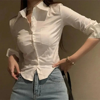 Koreanische weiße Damen Chiffon Hemd Tasche Knopf Revers Damen Bluse Frühling Pendler Langarm Neue weibliche Crop Tops