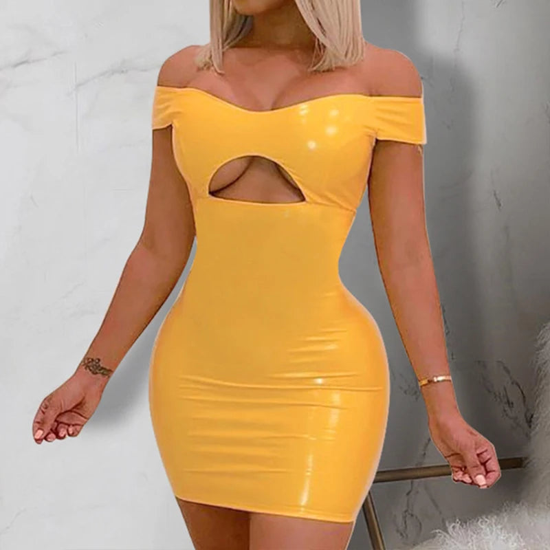 OMSJ Off-shoulder Nightclub Bar Women Pu Leather Tight Dress Candy Bright Color Sexy Hollow Out Backless Skirt Hot Girls Clothes