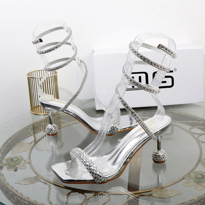 Luxus-Fashion-Sandalen 2024 Sommer Neue Strass Fee offene Zehen Ring-Fuß-Riemen Römersandalen mit hohem Absatz Damenschuhe Bankett