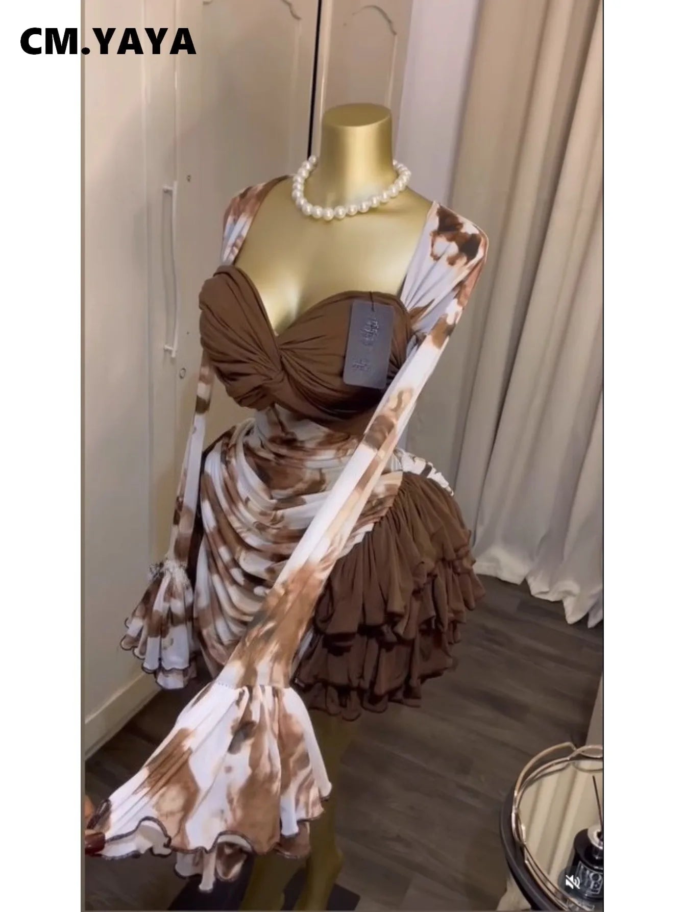 CM.YAYA Women Tie Dye Print Cascading Ruffles Bell Long Sleeve Bodycon Ruched Draped V-neck Dress Vacation Beach Holiday Dresses