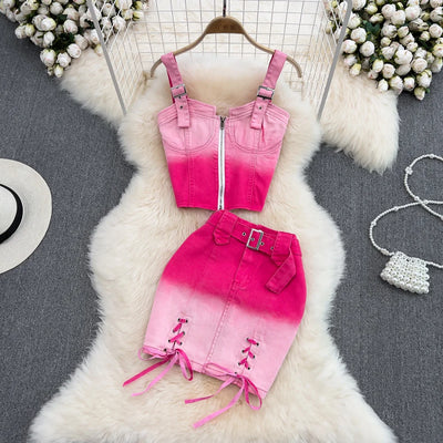 Pink Gradient Jeans Skirts Set Girl Fashion Denim Sleeveless Camisole Vest Top Two-piece Set Mini Bodycon Strap Skirt Summer