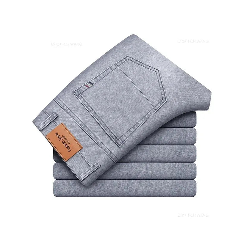 Sommer elastische Herrenjeans Mode Grau Bequeme Business Straight Stretch Baumwolle Casual Denim Hose Marke Männliche Dünne Hosen