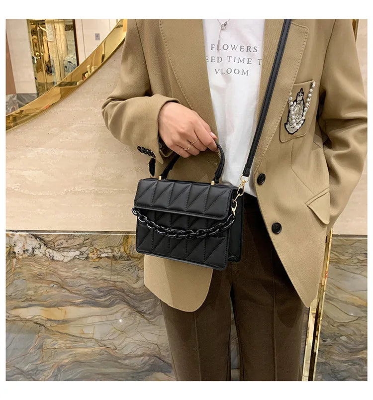 Solid Plaid Crossbody Bags For Women, Chain Decor Fashion Shoulder Bag Ladies Handbag For Daily Used
