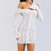 Mozision Blumen-Spitzen-Off-Shoulder Maxikleid für Damen, weiß, trägerlos, rückenfrei, langärmlig, Bodycon, Club, Party, sexy langes Kleid