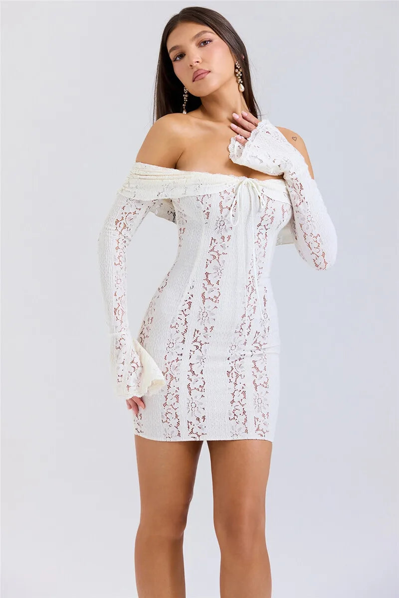 Mozision Blumen-Spitzen-Off-Shoulder Maxikleid für Damen, weiß, trägerlos, rückenfrei, langärmlig, Bodycon, Club, Party, sexy langes Kleid