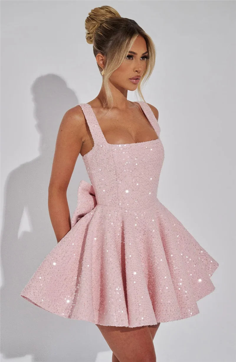 Mozision Pailletten-Kleid mit Schleife am Rücken, rückenfrei, sexy Mini-Kleid für Damen, modisches Etuikleid mit eckigem Ausschnitt, ärmellos, hohe Taille, A-Linie, Clubkleid