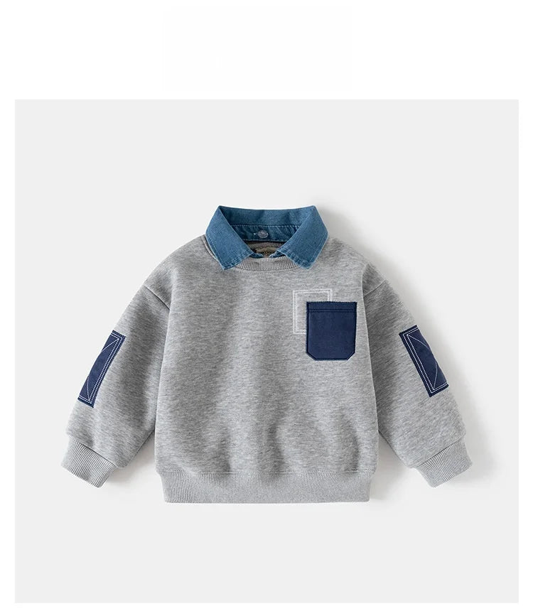 Spring Children Clothes Sweatshirt for Boys Denim Collar Fleece Pullover with Patch Pocket Casual Kids Top Long Sleeve T-shirt