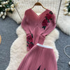Two Pieces Women Dress Sets Solid Matching Sets V Neck Printing Top High Waist Pleat Dress Loose Fit Casual 2025 Autumn Winter