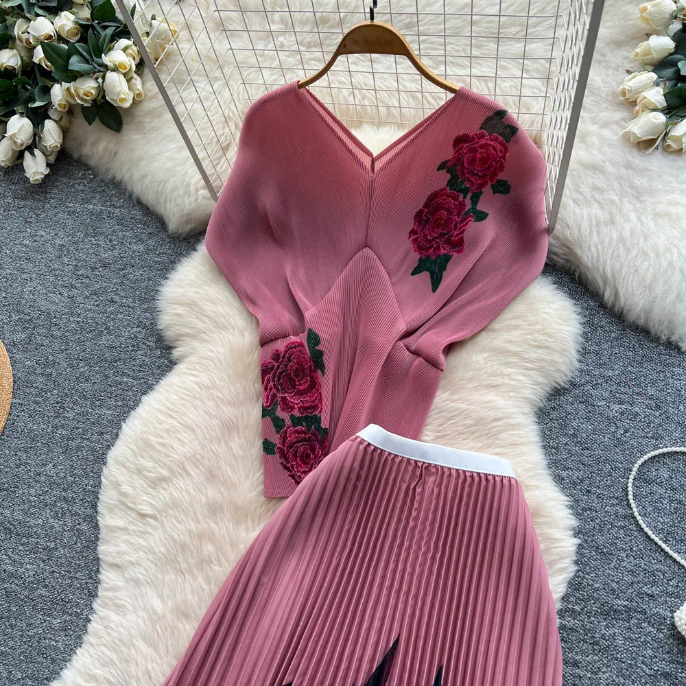 Two Pieces Women Dress Sets Solid Matching Sets V Neck Printing Top High Waist Pleat Dress Loose Fit Casual 2025 Autumn Winter