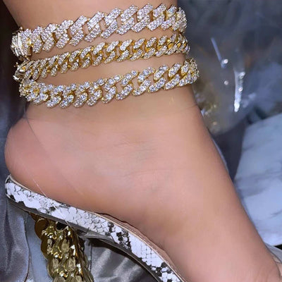 Flatfoosie Hip Hop Iced Out Chunky Cuban Chain Fußkettchen für Damen Luxus Strass Gliederkette Fußkette Strand Barfuß Schmuck