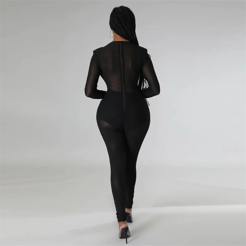 Sexy Mesh Patchwork Transparenter Club-Bodycon-Jumpsuit für Damen, durchsichtiger Einteiler-Overall, Clubwear, Party-, Geburtstagsoutfits